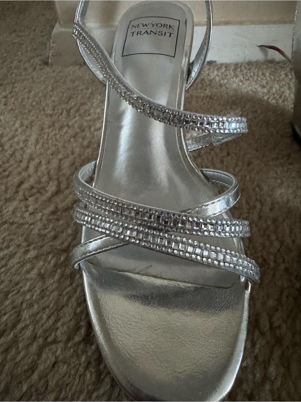 New York Transit Metallic Silver Rhinestone Slingback Wedge Sandals - 2 in wedge - Picture 3 of 5